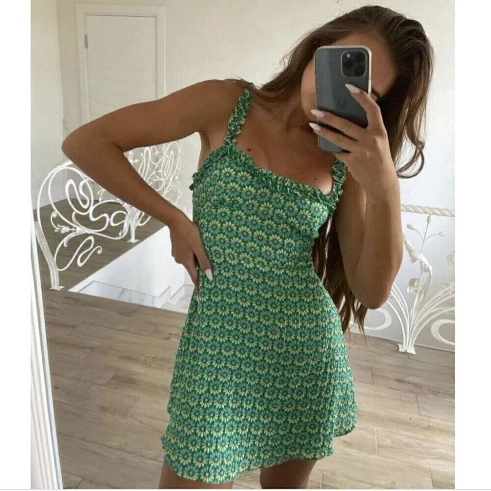 Zara Floral Ruffle Strap Mini Dress Green Blogger Fav Size Medium